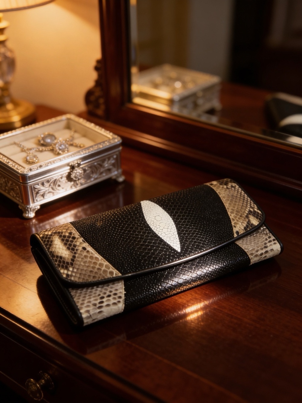EMMA Ray Skin Elegant Black and Cream Snake-Effect Leather Clutch Wallet